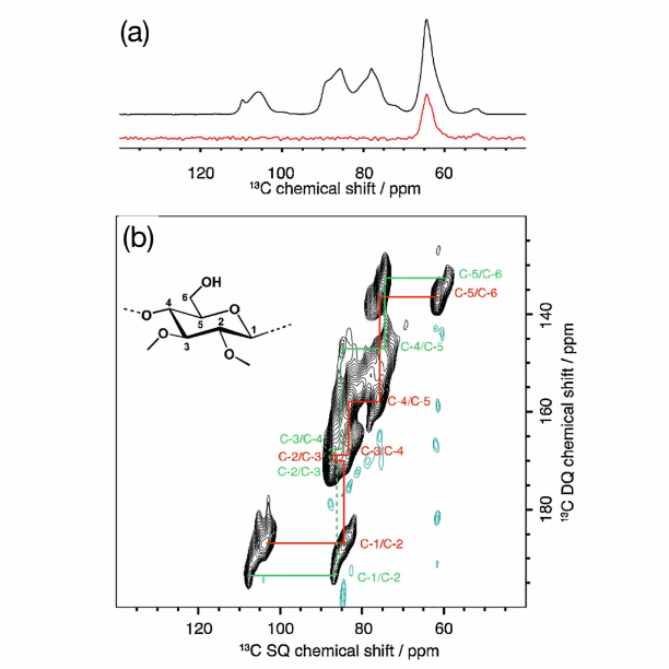 Figure: (a) 1H-13C DNP CPMAS NMR spectrum (black) and 1H-13C DNP CPMAS NMR spectrum with CH3 selection (red), and (b) 13C-13C DNP CP-refocused-INADEQUATE NMR spectrum of 2,3-O-dimethylcellulose impregnated with 10 mM AMUPOL in D2O/H2O, at 10 kHz MAS and at ca.