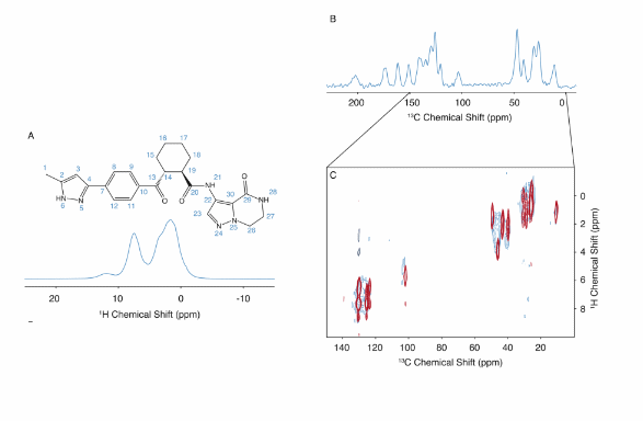 Figure: (A) 900 MHz 1D 1H spectrum of amorphous atuliflapon acquired at 298 K with an MAS rate of 62.5 kHz. (B) 125 MHz 1D 13C CPMAS spectrum acquired at 298 K with a MAS rate of 22 kHz. (C) 2D 1H–13C HETCOR spectra collected for the crystalline (red/black) and amorphous (blue) forms at 298 K with a MAS rate of 22 kHz at a 13C Larmor frequency of 125 MHz. Reprinted from Holmes et al, Faraday Discuss. 2024. Licensed under Creative Commons Attribution 4.0 International License (CC BY 4.0).